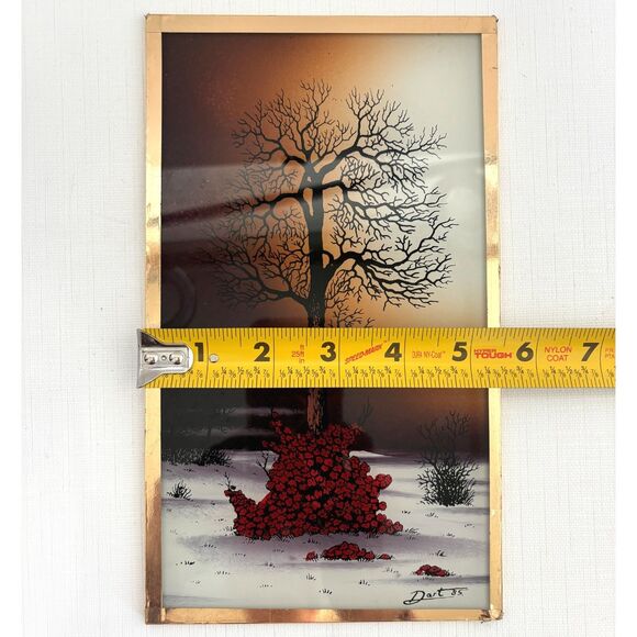 1980s Vintage Reverse Print on Glass Artist Signed Dart Tree Flowers Sunset - Picture 4 of 4